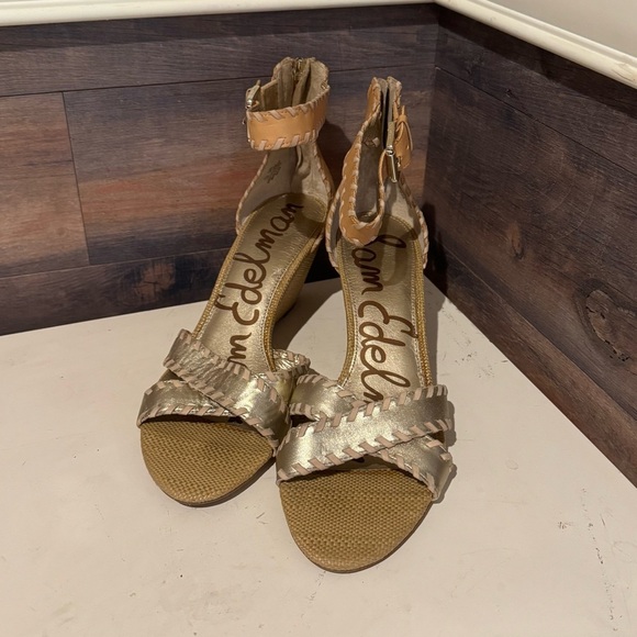 Sam Edelman Leather Silvia Wedge Sandals Shoes Women’s Size 10 Gold Brown Ankle - Picture 4 of 10